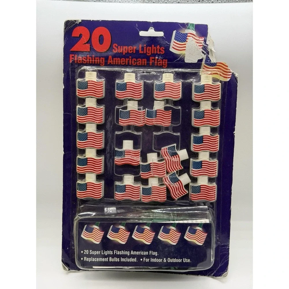 Fourth Of July String Lights Of 20 Blow Mold American Flags-Patriotic- NIB